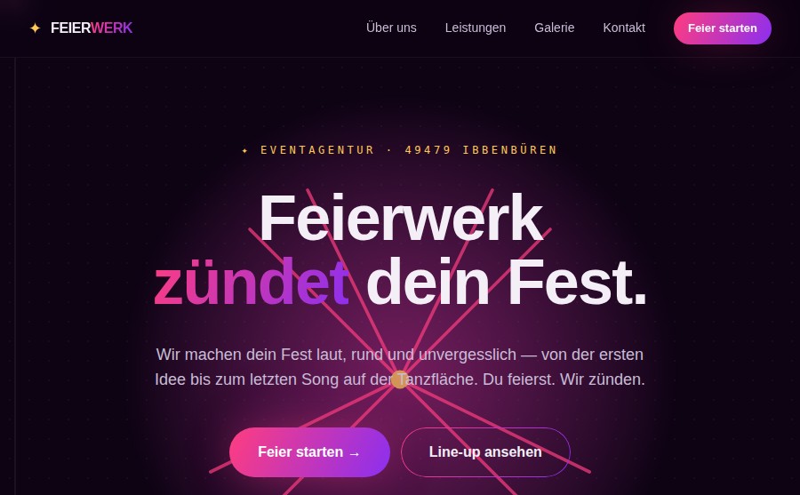 Screenshot der Beispielseite Feierwerk (Eventagentur)