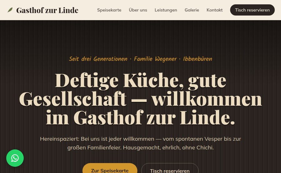 Screenshot der Beispielseite Gasthof zur Linde (Gastronomie)