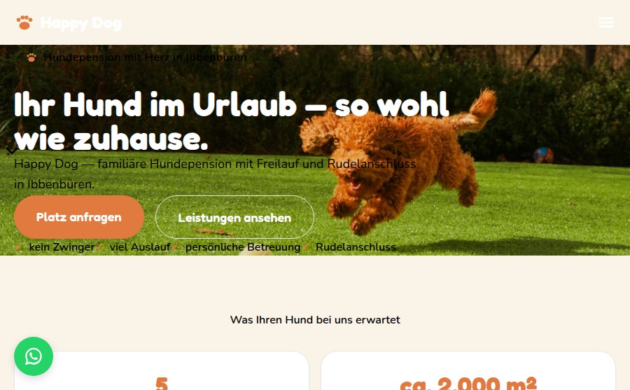 Screenshot der Beispielseite Happy Dog (Hundepension)